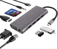 USB C to 11-in-1 Adaptor (HDMI, VGA, USB 3.0×2, USB2.0x2, SD/TF card reader, PD Port, AUX Output, RJ45 1Gbps)