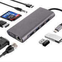 USB C to 11-in-1 Adaptor (HDMI, VGA, USB 3.0×2, USB2.0x2, SD/TF card reader, PD Port, AUX Output, RJ45 1Gbps)